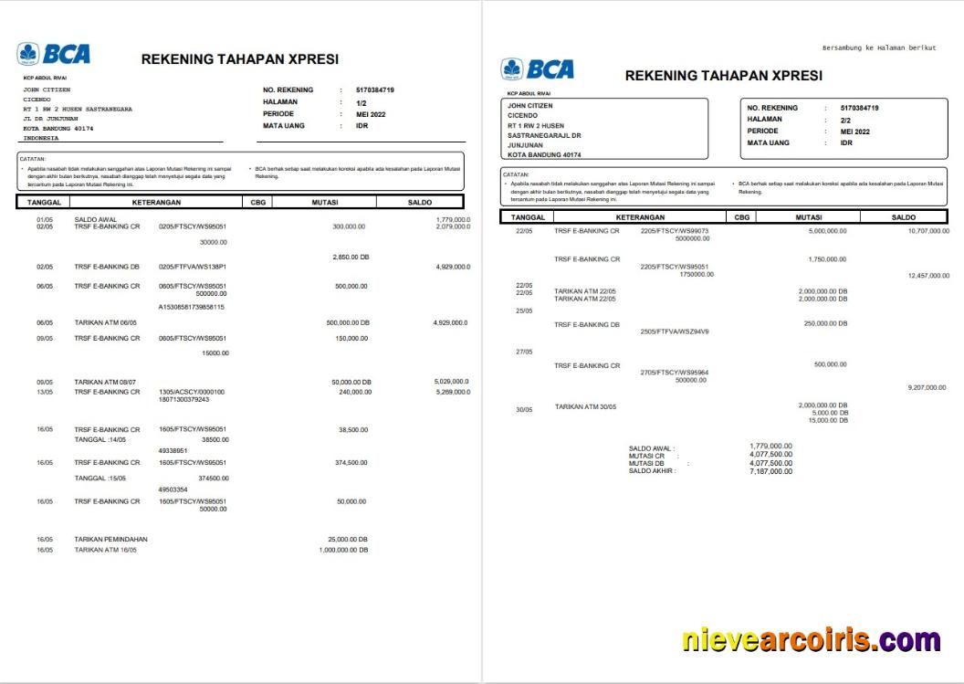 Indonesia BCA bank statement 2 pages
